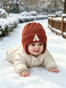 1pc Baby Winter Knit Hat, Toddler Thick Warm Letter Knit Beanie, Comfortable Soft Elastic Thick, Suitable For Winter Outings - Brown - View 3