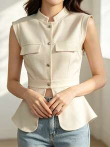 Women's Front Button Casual Sleeveless Lightweight Jacket - Apricot - View 7