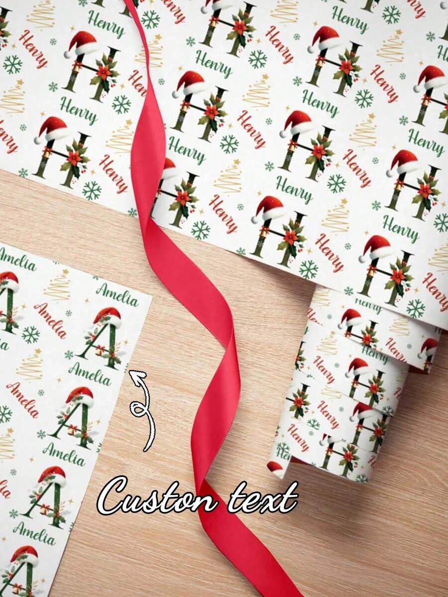 Personalised Funny Patterns And Text Wrapping Paper, With Santa Claus, Santa Hat Pattern, Multiple Colors, Suitable For Birthday, Anniversary, Christmas, Party, Holiday. - Multicolor - View 1