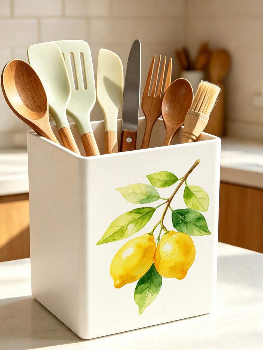 1pc Abstract Watercolor Lemon Branch Multi-Functional Storage Organizer Box - Tableware Storage Box, Desktop Organizer Rack (Suitable For Storing Tableware, Straws, Tea Bags, Pens, Remote Controls); Compact And Space-Saving, Suitable For Kitchen, Office, Living Room (Please Note The Size Before Ordering) - Multicolor - View 1