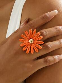 1pc Summer Fresh Style Woven Flower Raffia Grass Rhinestone Open Ring, Suitable For Women's Beach Vacation Daily Outfit Matching Accessory - Orange - View 1