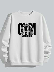 Men's Gym Warriors Graphic Crew Neck Sweatshirt, Loose Fit Pullover White Sports - White - View 4