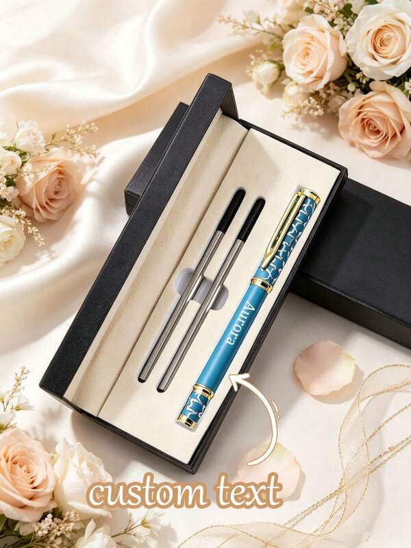4pcs (1 Pen + 2 Refills + 1 Pen Case) Customized Luxury Gold & Blue Ballpoint Pen Gift Set, Elegant Business Writing Pen With Replacement Refills, Professional Office Stationery, Unique Gift For Friends, Family, Colleagues