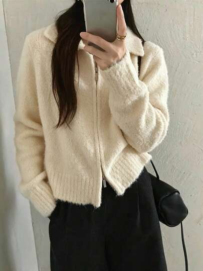Korean Style Soft Knit Cardigan With Turn-Down Collar And Zipper, Loose Fit Versatile Minimalist Casual Sweater Jacket