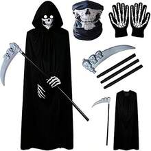 Halloween Horror Ghost Phantom Adult Cosplay Costume | Men's Hooded Robe Cloak Scythe Mask Gloves - Multicolor - View 3