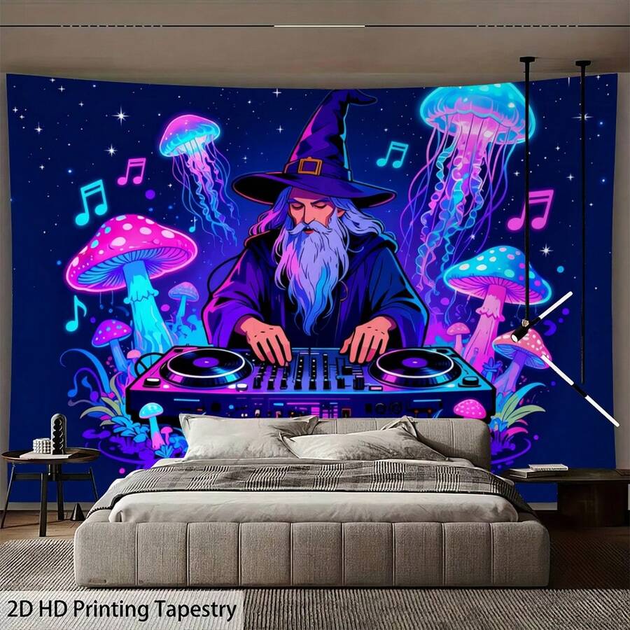 卡通巫師 DJ 掛毯 霓虹水母 斑點蘑菇與音符印花 牆掛布 深色星空背景 唯美宿舍臥室嬉皮風室內牆飾布 - 水母音符 - 查看 1