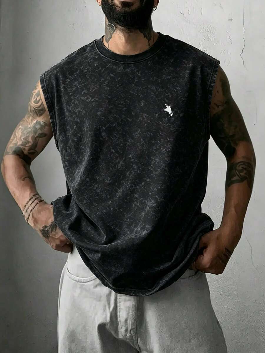 Tank Top Lengan Pendek Pria Kasual Musim Panas Serbaguna Minimalis dengan Motif Kuda Poni & Kepingan Salju - Hitam - View 1
