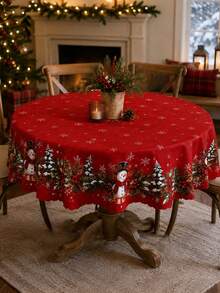 1pc Red Snowman Christmas Tablecloth, Holiday Polyester Rectangular Tablecloth, Printed With Snowflakes, Pine Tree Wreath, Holly Berries And Border Pattern, Suitable For Kitchen Decor, Home Decor, Room Decor, Christmas Home Decor And Classroom Decor - Multicolor - View 14