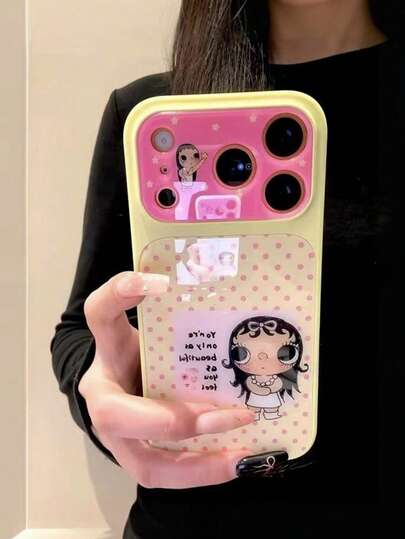 1pc White Large Grid Cartoon Glasses Girl Print Transparent Phone Case, Polka Dot & Small Wing Decoration, Glossy Soft TPU Full Coverage Shockproof Protective Shell, Minimalist Y2K Sweet Style, Compatible With IPhone 11, 12, 13, 14, 15, 16, 17, 17 Pro, 17 Pro Max