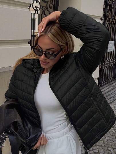 Chaqueta acolchada con capucha minimalista para mujer de Giolshon, con bolsillos, adecuada para otoño e invierno, color negro