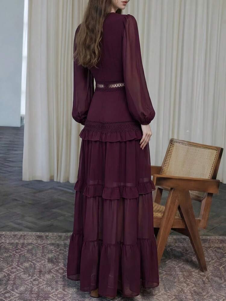 女款優雅深V領婚禮賓客長袖波希米亞復古修身蕾絲端莊洋裝，時尚荷葉邊A字鏤空派對洋裝 - 紅木色 - 查看 2