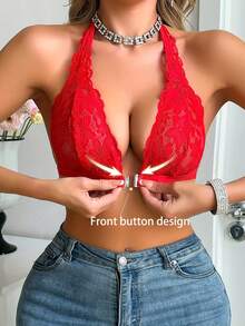 1pc Women's Sexy Semi-Sheer Lace Wireless Unpadded Comfortable Front-Closure Deep V-Neck Longline Triangle Cup Racerback Bra - Red - View 2
