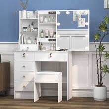 Teousev Dressing Table With LED Lights Mirror & Stool, Vanity Makeup Table With 5 Drawers, Open Storage Shelves, 3 Colour Adjustable Light, Lockable Drawers, White Cosmetic Desk For Bedroom - White - View 4