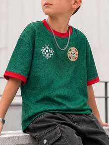 1 Stück Jungen American Football Trikot Kurzarm T-Shirt, mexikanischer Stil All-Over-Muster Totem-Emblem Kontrast Rot Saum Sport-Top, atmungsaktiv schnelltrocknend Fan T-Shirt, Streetwear Cool Style Lässig Outdoor Sport Kinderbekleidung - Grün - Übersicht 6