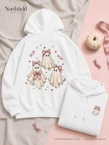 Women's Cute Ghost Pattern Hoodie,With Cute Bow,Suitable For Halloween,Autumn Outing,Party And Everyday Wear. - 白色 - 查看 8