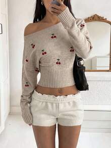 Women's Sexy One-Shoulder Knitted Sweater, Cherry Embroidered Long Sleeve Cropped Pullover, Soft Knit Top For Casual Street, Date And Commute Outfits - Camel - View 2