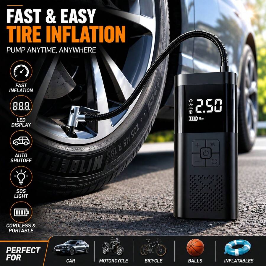 SUITU Pompa Ban Portabel & Kompresor Udara dengan Pengukur Tekanan Digital, Pompa Udara Isi Ulang 7.4V/DC12V 2000mAh untuk Mobil, Sepeda Motor, Sepeda & Bola Olahraga, Aksesori Mobil Portabel, Fungsi Power Bank & Tas Jinjing