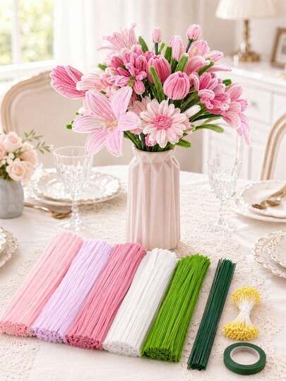 Handmade Pipe Cleaner Craft Kit, DIY Yarn Stick Flower Arrangement Supplies, Craft Project-Perfect For Crafts, Room Decor, Birthday Party Decorations, And Table Centerpieces