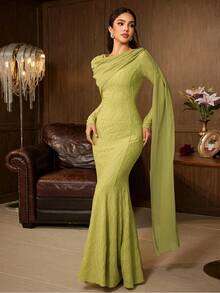 Elegant Women's Long Sleeve Round Neck Mermaid Dress, Asymmetric Ruffle Hem, Green Woven Fabric, Showcasing Charming Style - Olive Green - View 7