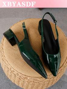 XBYASDF 女款深綠色亮面鱷魚壓紋尖頭後帶粗跟單鞋，3cm低跟附腳踝綁帶，百搭通勤與約會涼鞋 - 深綠色2 - 查看 1