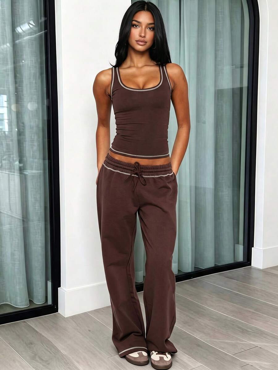 Two Pieces Set Summer Women's Solid Color Fashion Activewear Set Sports Tank Top With High-Waisted Drawstring Straight-Leg Pants Two Pieces Set - Brown - View 1