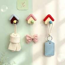 3pcs Creative Home Hooks Strong Adhesive No-Drill Wall Mount, Cute Little House Design Storage Hanging Rack Bedroom Bathroom Organizer, Random Color - View 3