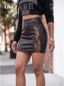 ARA CHIC Women's Black Faux Leather Mini Skirt, Side Lace Patchwork, High Waist Slim Fit Pencil Skirt, Sexy Outing Nightclub Party Dress, Autumn - Black - View 11
