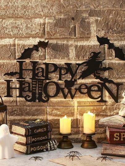 Decoración de Halloween Feliz Halloween Letrero de Metal Decoración de Pared Gótica Murciélago y Bruja Decoración Letrero Colgante de Jardín Negro Arte de Pared de Letras de Metal Puerta Principal Ventana Casa Embrujada, 15.7 Pulgadas