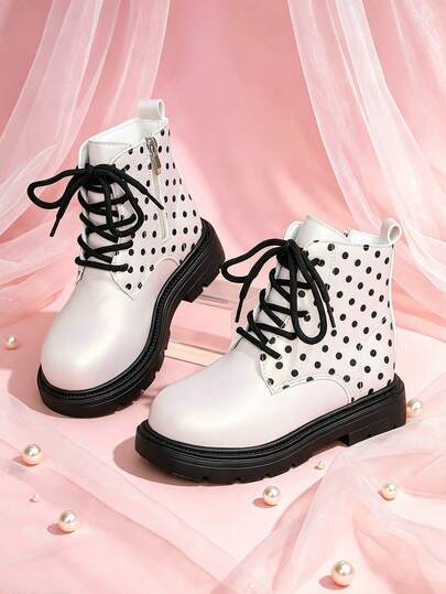 1 Pair Girls Pink Shell Iridescent PU Polka Dot Classic Boots, All-Season Campus Back To School Side Zipper Lightweight Thick Sole Ankle Boots