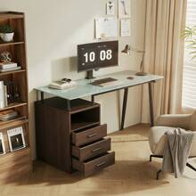 Modern Desk With Glass Top, 3 Drawers, Open Shelf And Metal Frame, Brown - 棕色 - 查看 1