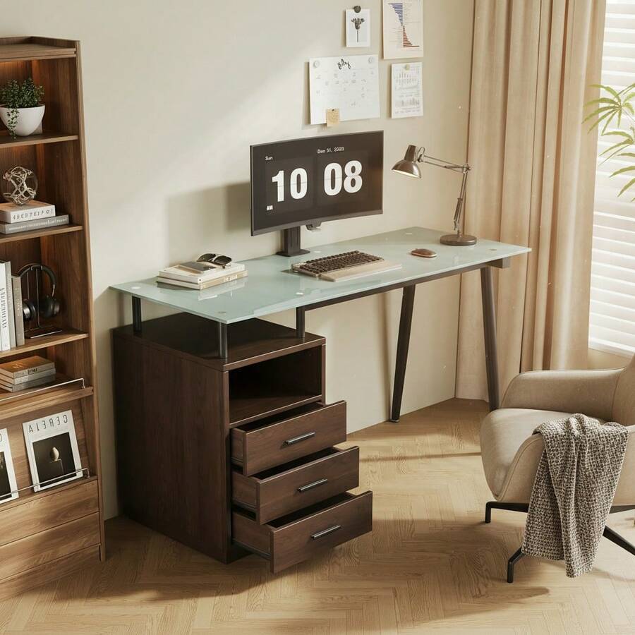 Modern Desk With Glass Top, 3 Drawers, Open Shelf And Metal Frame, Brown - 棕色 - 查看 1
