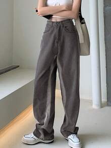 Solid Color Button Pocket Zipper Denim Long Pants - Grey - View 6