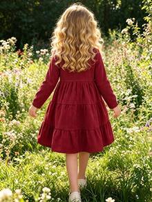 Girls' Spring/Autumn Long Sleeve Dress Single Piece (Accessories Not Included) Burgundy Corduroy Vertical Ribbed Texture Fabric, Suitable For Family Outings, Holiday Gatherings, Daily Wear, Gentle French Style Princess Dress - Red - View 5