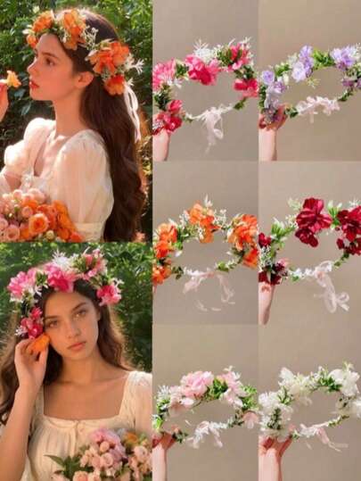 1pc Girl Fairy Pink Garland Headdress Forest Style Hairband Girl Simulation Flower Headband Hair Accessories
