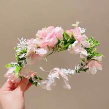 1pc Girls Fairy Style Pink Floral Wreath Headband, Forest Style Artificial Flower Headband, Girls Hair Accessory - Multicolor - View 6