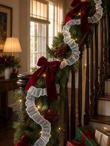 1pc White Ruffled Mesh Ribbon Garland Christmas Tree Swag Trim Xmas Mantel Fireplace Stair Handrail Window Party Backdrop Festive Hanging Streamer Holiday Home Layout Decor Winter Scene Ornament Decorative Accessory - Multicolor 4 - View 8