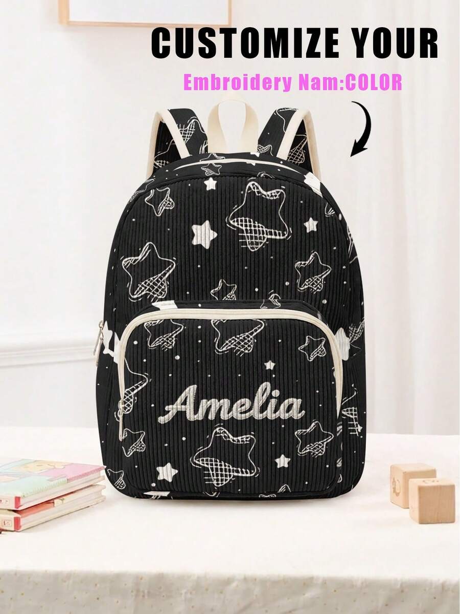 1pc Customized Embroidered Name Cartoon Star & Football Pattern Backpack, Can Be Customized According To Your Unique Design, Perfect For Children, Print Your Own Name Or Your Sister's And Classmates' Names As A Gift To Give To Others - Multicolor - View 1