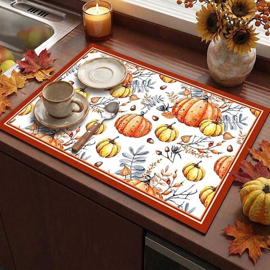 1 buah Alas Pengeringan Piring, Alas Mesin Kopi, Alas Pengeringan Piring Motif Musim Gugur, Cocok untuk Meja Makan Sehari-hari, Meja Dapur, Dekorasi Suasana Halloween, Thanksgiving, dan Liburan Musim Gugur Lainnya, Hadiah Rumah, Dekorasi Meja