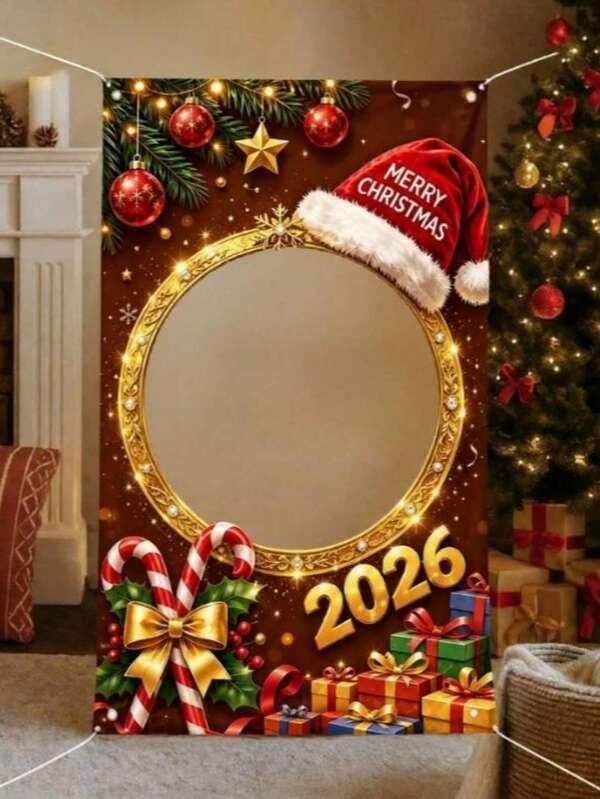 1pc Christmas Photo Backdrop, Christmas Hat & Gift & Candy Cane Pattern Christmas Banner, Christmas Photo Background, Christmas Party Photo Backdrop, Christmas Decorations, Christmas Party Supplies, 2026 Christmas Decor, Party Favors, Winter Decor, Christmas Decorations, Christmas Decor, 2027 New Year Decor