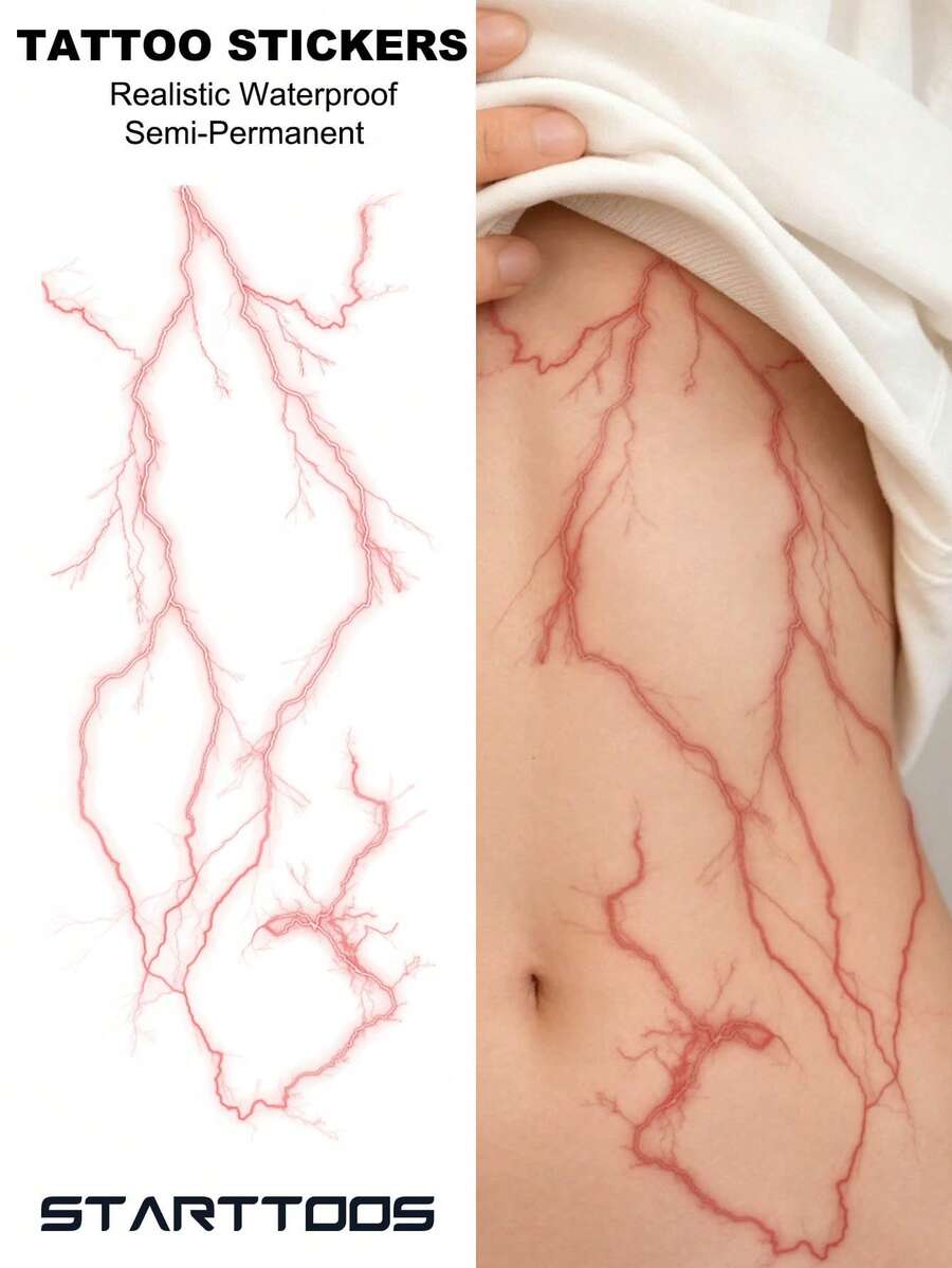 1pc Halloween Pink Halo Lightning Bolt Pattern Temporary Waterproof Tattoo Sticker For Arm, Shoulder, Back, Waist, Abdomen, Body, DIY Party Gift, Holiday Gift - Pink - View 1