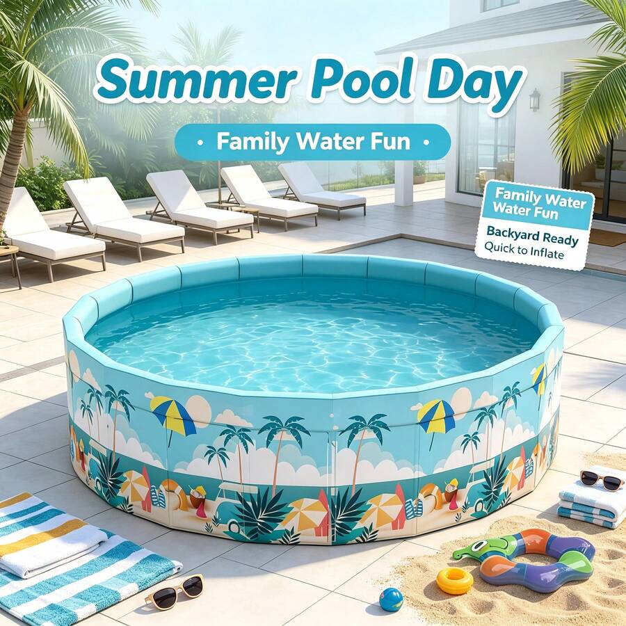 1pc Tropical Round Swimming Pool, Portable Foldable Pool Without Inflation, Blue Palm Tree Print, PVC & Oxford Fabric Material, Quick Setup Home Pool, Suitable For Backyard, Beach, Garden And Indoor Summer Fun