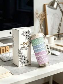 1pc/5pcs 500ml Rainbow Knit Texture Travel Mug, Double-Wall Stainless Steel Insulated Cup, Colorful Knit Striped Pattern Print Design, Portable Coffee Cup With Lanyard, Suitable For Daily Commute - White - Colorful Letters - View 1