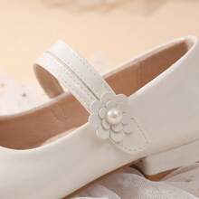 1 Pair Girls Floral Pearl Patent Leather Comfortable Round Toe Double Strap Low Heel Sweet Mary Jane Princess Shoes Suitable For Party/Performance - White - View 3