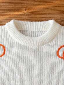 Girls' Halloween Pumpkin Embroidered Crew Neck Long Sleeve Sweater, Chunky Knit Texture, Sweet & Playful Casual Versatile Pullover, Suitable For Daily Wear, Parties, Spring/Autumn/Winter - Apricot - View 3