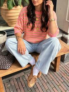 Blusa de punto de manga corta holgada y casual con cuello redondo, a rayas y bloques de color, versátil para uso diario, moda y vacaciones de otoño para mujer - Rosa coral - Ver 1