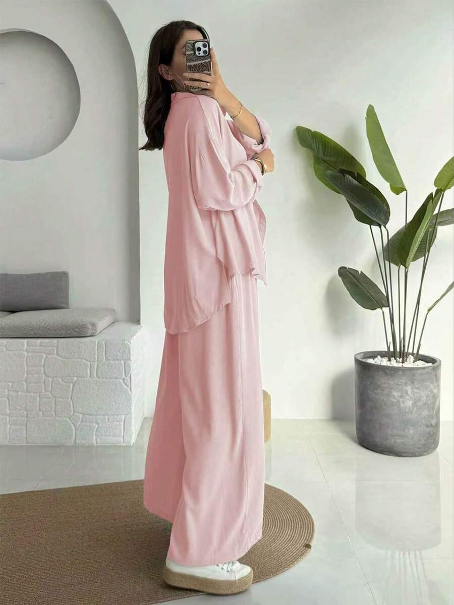 Autumn Simple Casual Shirt Suit Lapel Single-Breasted Side Split Long-Sleeved Shirt Wide-Legged Pants Two Pieces Set Elegant - Baby Pink - View 1
