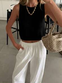 Sylvia Women's Summer Basic Minimalist Sleeveless Round Neck Cropped Knit Tank Top Casual Style Black - Black - View 6