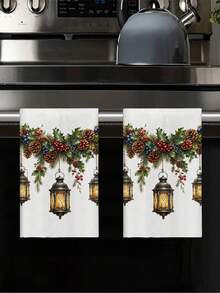 2pcs/4pcs Vintage Christmas Lantern Kitchen Towels, Watercolor Holly Red Berry Blue Berry Pine Cone Pine Branch Print, Country Style Christmas Hand Towels, Kitchen Baking Decorative Towels - Multicolor - View 6