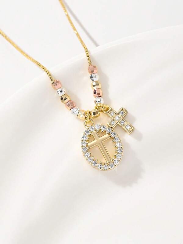 1PC European And American Classic Style Copper Inlaid Zirconia Handmade Copper Beaded Electroplated Three-Color Large Cross Guardian Light Limited Edition Pendant Necklace, Suitable For Christmas/Thanksgiving/Halloween/Mother's Day/Valentine's Day Couples/Friends/Fellow Believers Gift, Catholic First Communion, Gift, Daily And Holiday Wear Prayer
