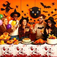 1pc/3pcs Halloween Bloody Handprint Theme Disposable Plastic Tablecloth, Suitable For Halloween Party, Escape Room Theme Gathering, Haunted House Event, Outdoor Picnic Party Decoration 137*274cm - Multicolor - View 2